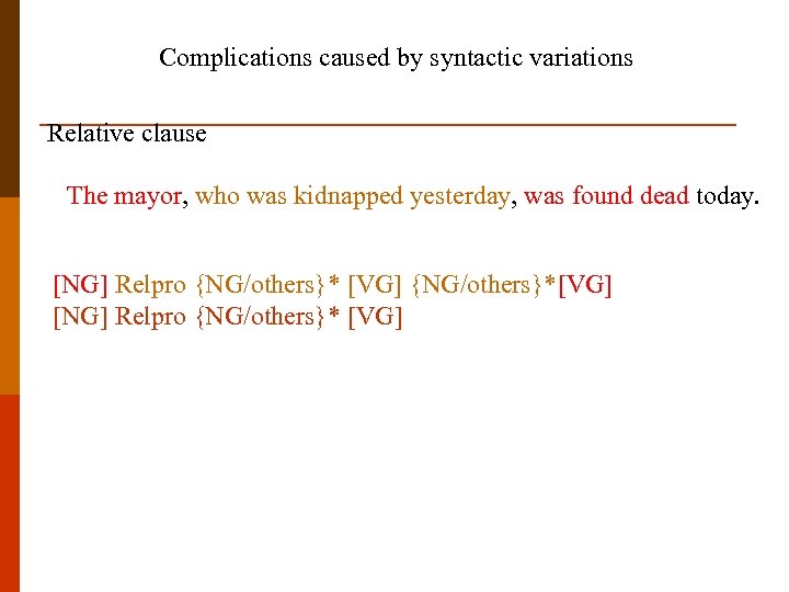Complications caused by syntactic variations Relative clause The mayor, who was kidnapped yesterday, was