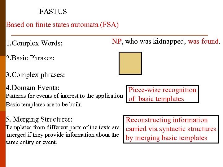 FASTUS Based on finite states automata (FSA) 1. Complex Words: NP, who was kidnapped,