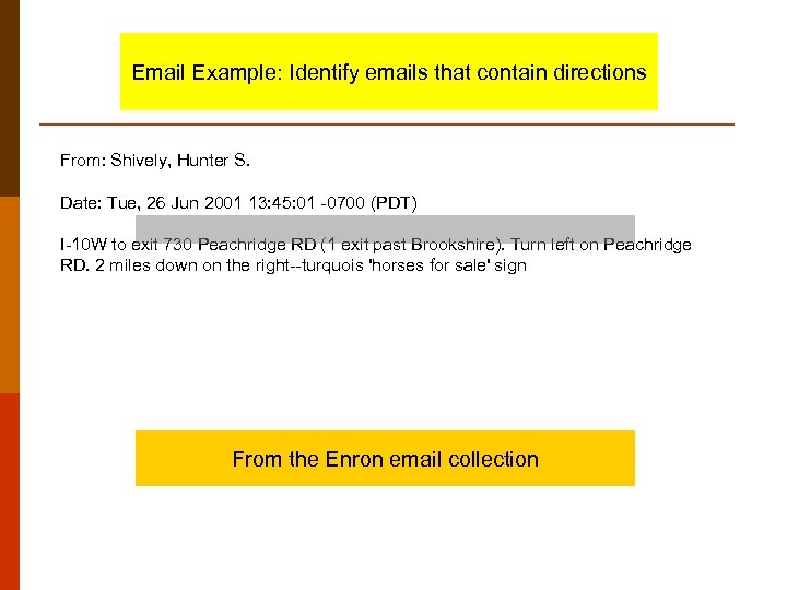 Email Example: Identify emails that contain directions From: Shively, Hunter S. Date: Tue, 26