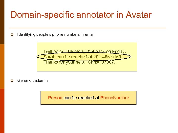 Domain-specific annotator in Avatar p Identifying people’s phone numbers in email I will be