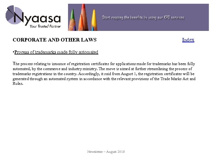 CORPORATE AND OTHER LAWS Index • Process of trademarks made fully automated The process