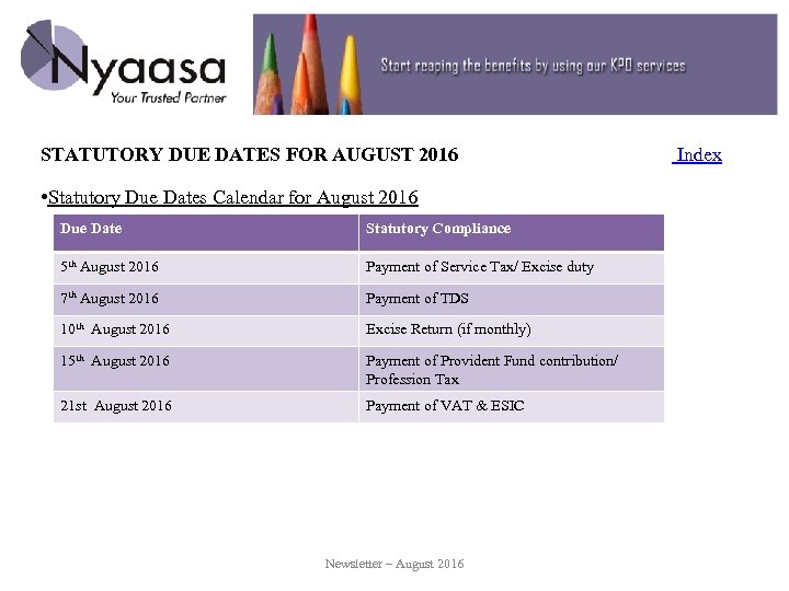 STATUTORY DUE DATES FOR AUGUST 2016 • Statutory Due Dates Calendar for August 2016