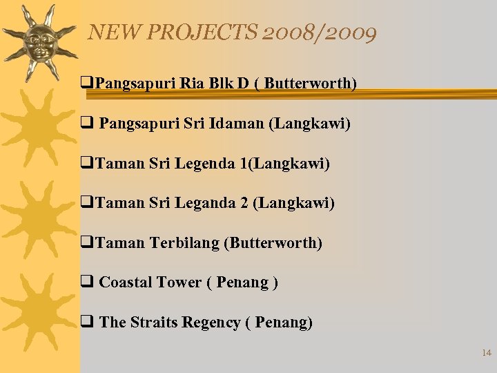 NEW PROJECTS 2008/2009 q. Pangsapuri Ria Blk D ( Butterworth) q Pangsapuri Sri Idaman