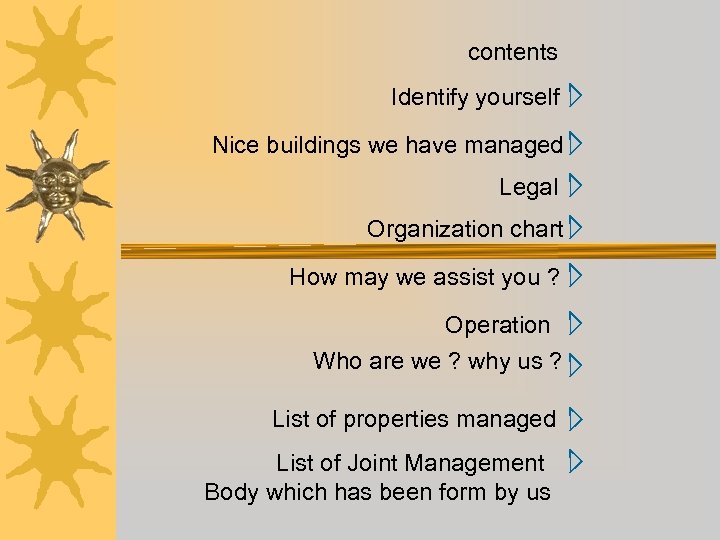 contents Identify yourself Nice buildings we have managed Legal Organization chart How may we