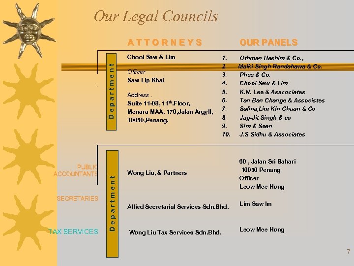 Our Legal Councils ATTORNEYS PUBLIC ACCOUNTANTS SECRETARIES TAX SERVICES Officer Saw Lip Khai Address.