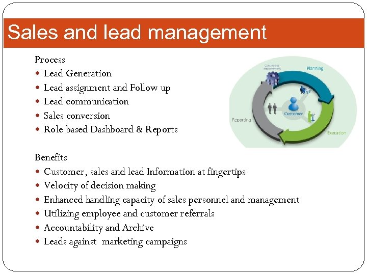 Sales and lead management Process Lead Generation Lead assignment and Follow up Lead communication