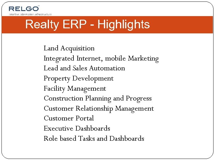 Realty ERP - Highlights Land Acquisition Integrated Internet, mobile Marketing Lead and Sales Automation