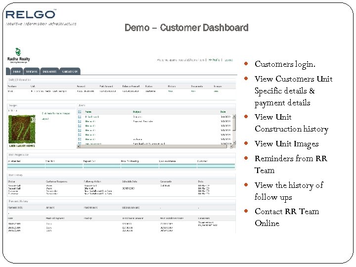 Demo – Customer Dashboard Customers login. View Customers Unit Specific details & payment details