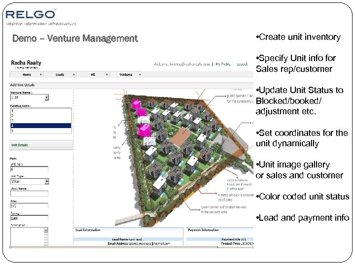 Demo – Venture Management • Create unit inventory • Specify Unit info for Sales