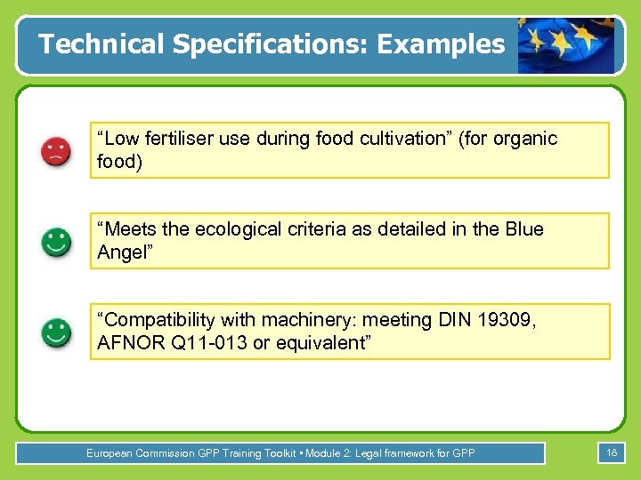 Technical Specifications: Examples “Low fertiliser use during food cultivation” (for organic food) “Meets the