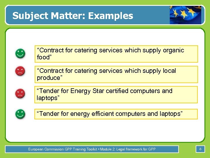 Subject Matter: Examples “Contract for catering services which supply organic food” “Contract for catering