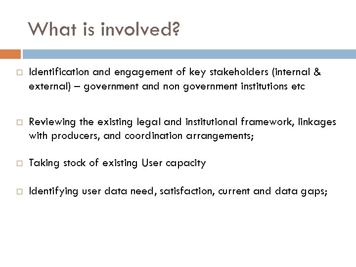 What is involved? Identification and engagement of key stakeholders (internal & external) – government