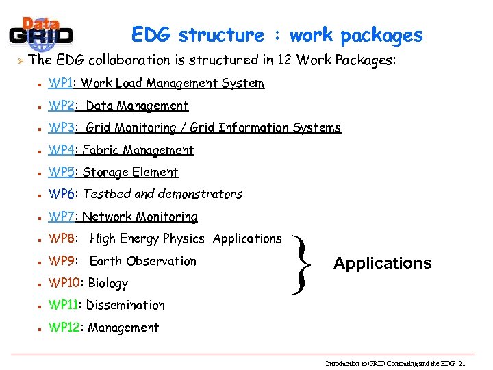 EDG structure : work packages Ø The EDG collaboration is structured in 12 Work