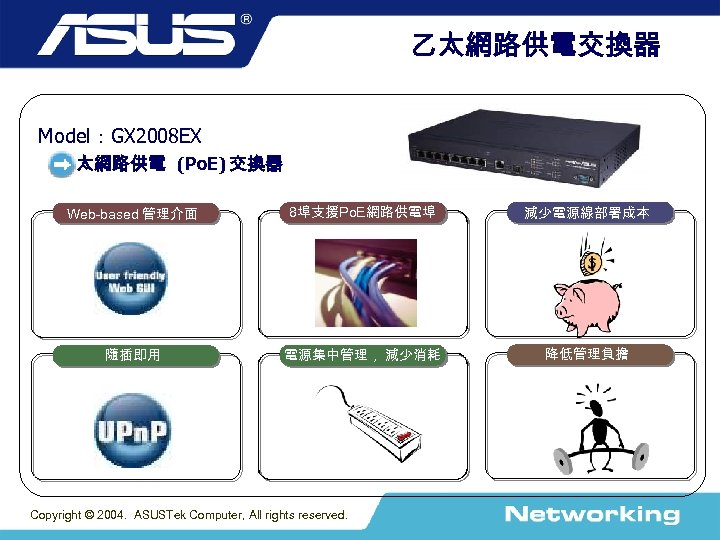 乙太網路供電交換器 Model：GX 2008 EX 乙太網路供電 (Po. E) 交換器 Web-based 管理介面 8埠支援Po. E網路供電埠 減少電源線部署成本 文字