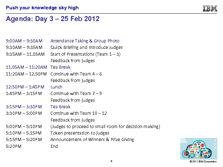 Push your knowledge sky high Agenda: Day 3 – 25 Feb 2012 9: 00