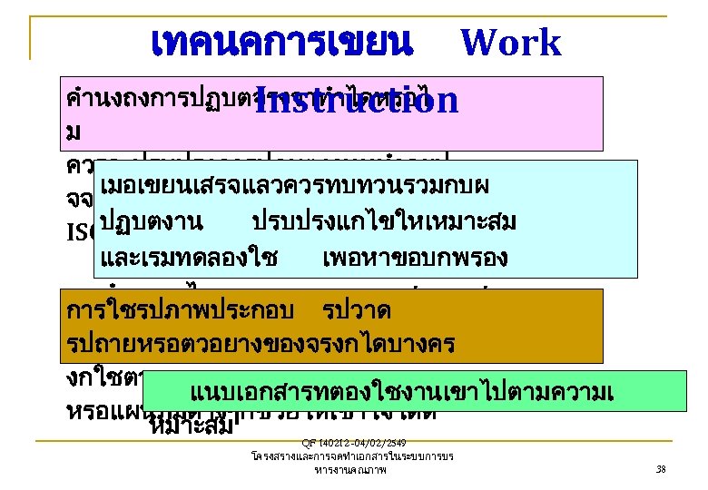 เทคนคการเขยน Work คำนงถงการปฏบตจรงวาทำไดหรอไ Instruction ม ควรจะปรบปรงการปฏบตงานททำอยป เมอเขยนเสรจแลวควรทบทวนรวมกบผ จจบนเพอใหสอดคลองกบขอกำหนด ปฏบตงาน ISO 9000 ดวย ปรบปรงแกไขใหเหมาะสม และเรมทดลองใช