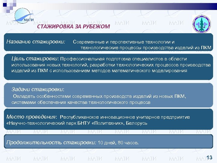 СТАЖИРОВКА ЗА РУБЕЖОМ Название стажировки: Современные и перспективные технологии и технологические процессы производства изделий