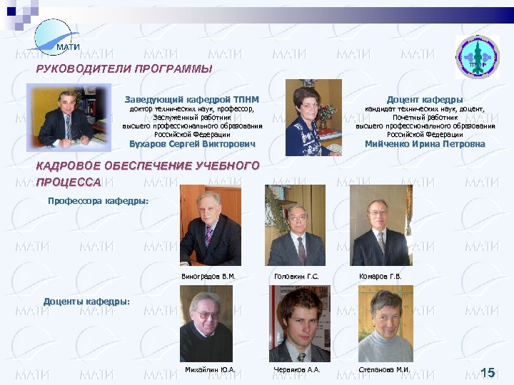 РУКОВОДИТЕЛИ ПРОГРАММЫ Заведующий кафедрой ТПНМ Доцент кафедры доктор технических наук, профессор, Заслуженный работник высшего