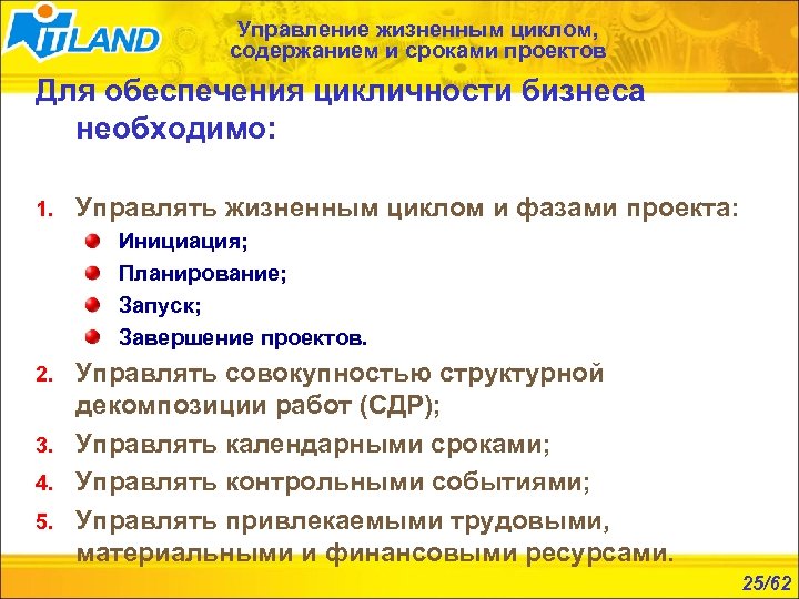 Управление жизненным циклом, содержанием и сроками проектов Для обеспечения цикличности бизнеса необходимо: 1. Управлять