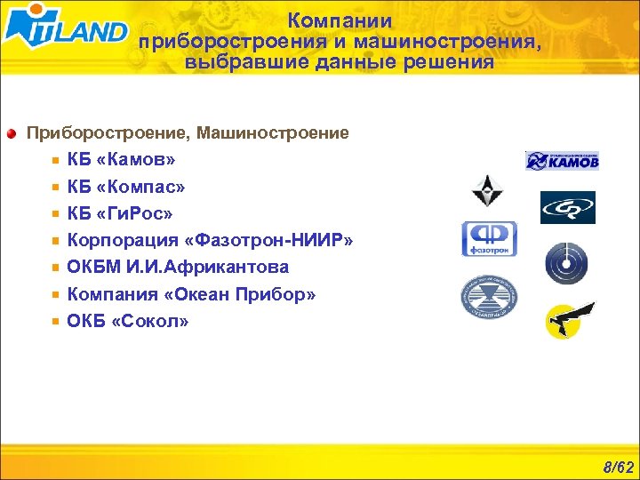 Компании приборостроения и машиностроения, выбравшие данные решения Приборостроение, Машиностроение КБ «Камов» КБ «Компас» КБ