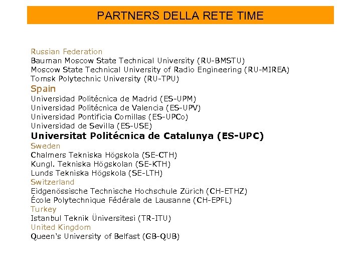 PARTNERS DELLA RETE TIME Russian Federation Bauman Moscow State Technical University (RU-BMSTU) Moscow State