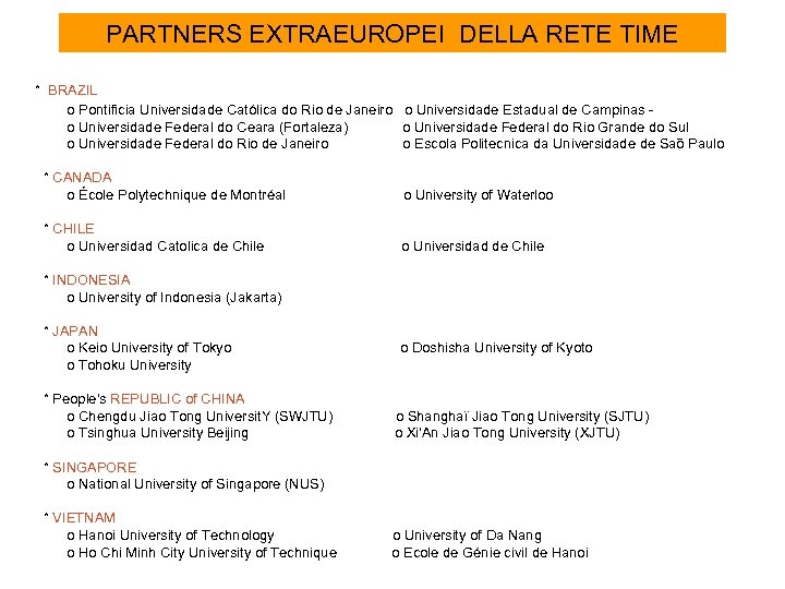 PARTNERS EXTRAEUROPEI DELLA RETE TIME * BRAZIL o Pontificia Universidade Católica do Rio de