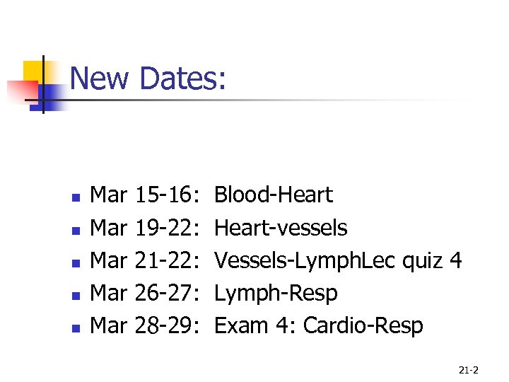 New Dates: n n n Mar Mar Mar 15 -16: 19 -22: 21 -22: