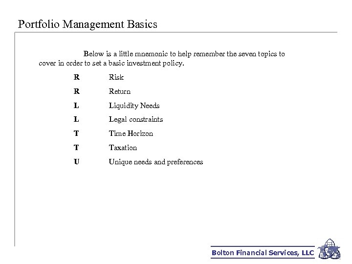 Portfolio Management Basics Below is a little mnemonic to help remember the seven topics