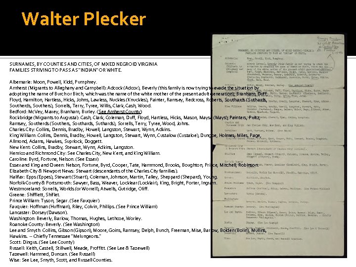 Walter Plecker SURNAMES, BY COUNTIES AND CITIES, OF MIXED NEGROID VIRGINIA FAMILIES STRIVING TO