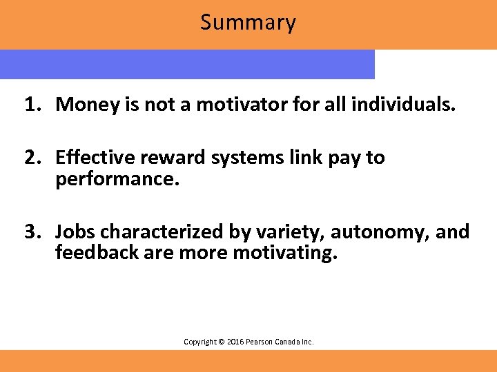 Summary 1. Money is not a motivator for all individuals. 2. Effective reward systems