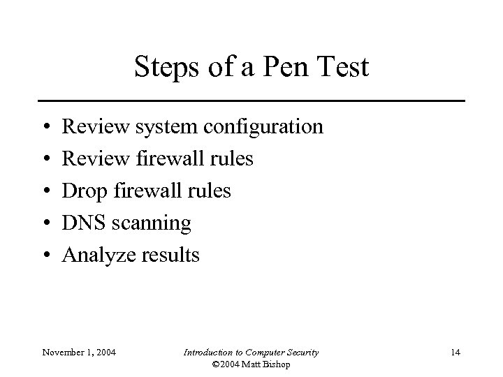 Steps of a Pen Test • • • Review system configuration Review firewall rules