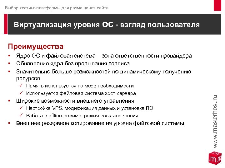 Выбор хостинг-платформы для размещения сайта Виртуализация уровня ОС - взгляд пользователя Преимущества Ядро ОС