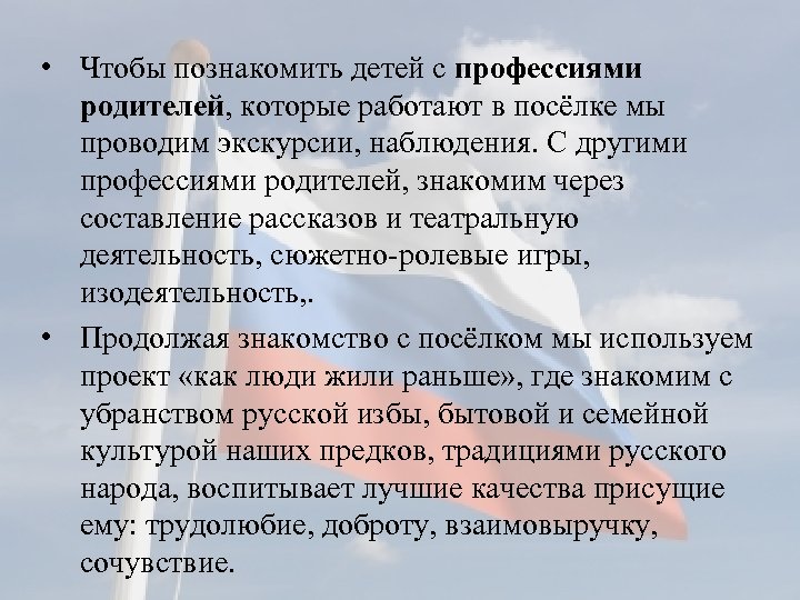  • Чтобы познакомить детей с профессиями родителей, которые работают в посёлке мы проводим