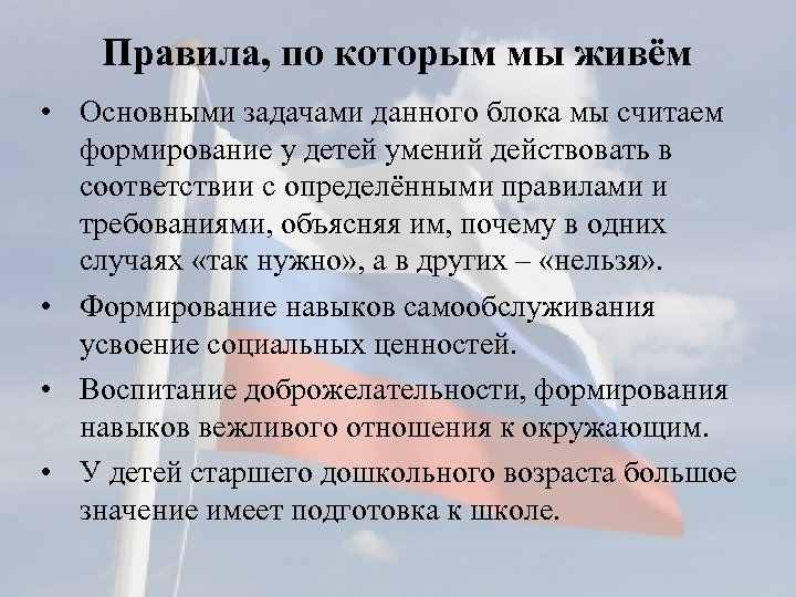 Правила, по которым мы живём • Основными задачами данного блока мы считаем формирование у