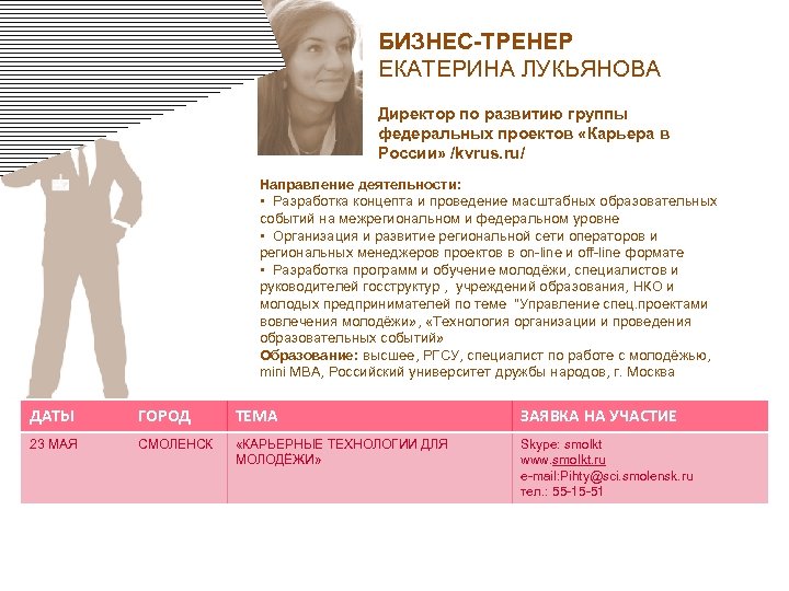 БИЗНЕС-ТРЕНЕР ЕКАТЕРИНА ЛУКЬЯНОВА Директор по развитию группы федеральных проектов «Карьера в России» /kvrus. ru/