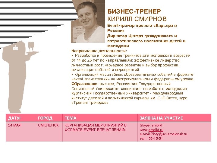 БИЗНЕС-ТРЕНЕР КИРИЛЛ СМИРНОВ Event-тренер проекта «Карьера в России» Директор Центра гражданского и патриотического воспитания