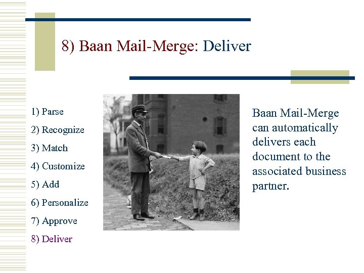 8) Baan Mail-Merge: Deliver 1) Parse 2) Recognize 3) Match 4) Customize 5) Add