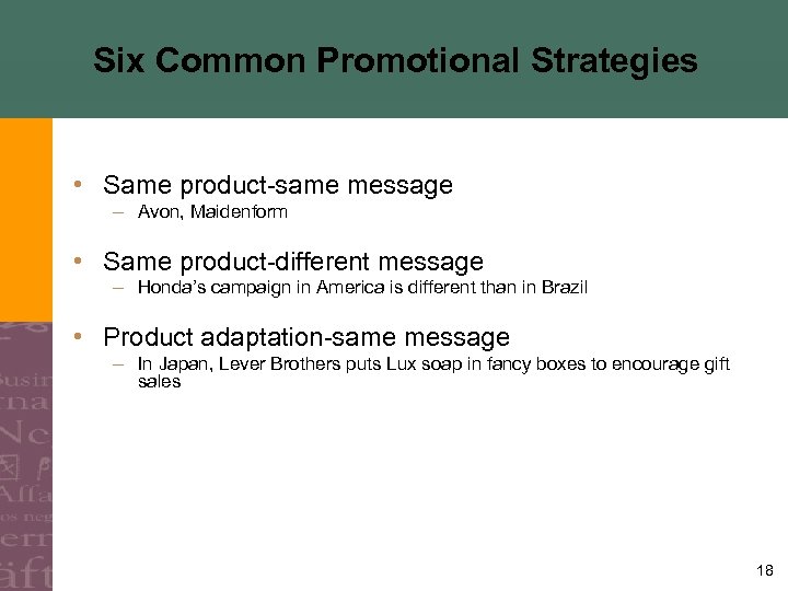 Six Common Promotional Strategies • Same product-same message – Avon, Maidenform • Same product-different