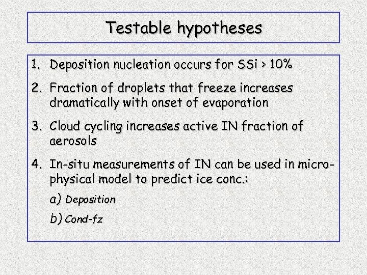 Testable hypotheses 1. Deposition nucleation occurs for SSi > 10% 2. Fraction of droplets