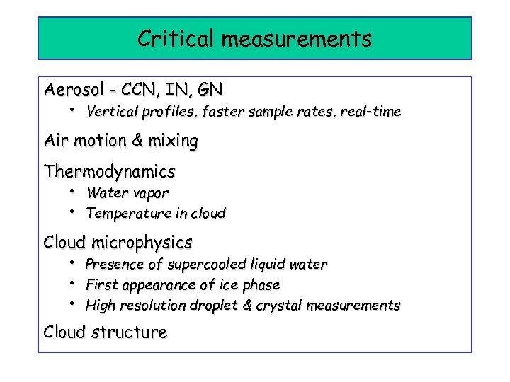 Critical measurements Aerosol - CCN, IN, GN • Vertical profiles, faster sample rates, real-time