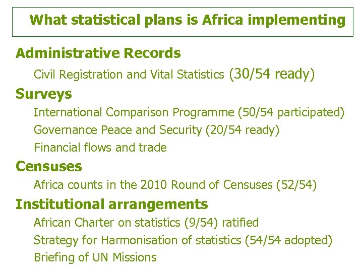 What statistical plans is Africa implementing Administrative Records Civil Registration and Vital Statistics (30/54