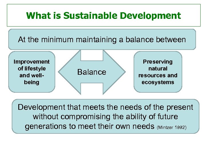 What is Sustainable Development At the minimum maintaining a balance between Improvement of lifestyle