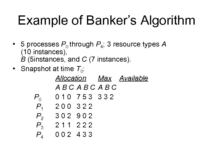 Example of Banker’s Algorithm • 5 processes P 0 through P 4; 3 resource