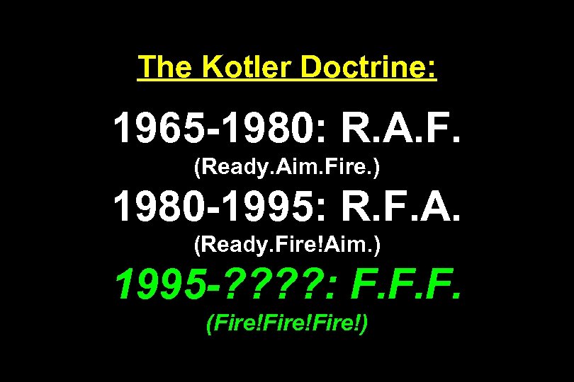 The Kotler Doctrine: 1965 -1980: R. A. F. (Ready. Aim. Fire. ) 1980 -1995: