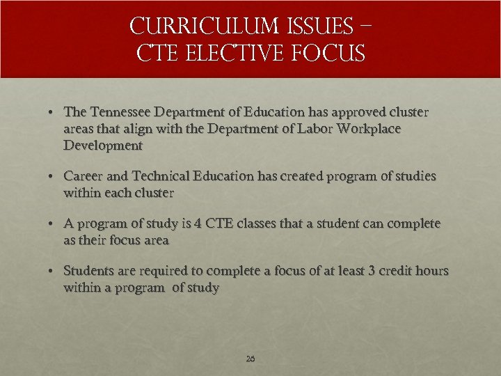 Curriculum Issues – CTE Elective Focus • The Tennessee Department of Education has approved