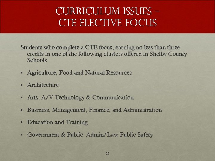 Curriculum Issues – CTE Elective Focus Students who complete a CTE focus, earning no
