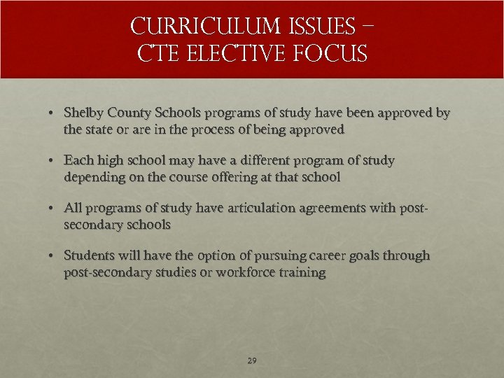 Curriculum Issues – CTE Elective Focus • Shelby County Schools programs of study have