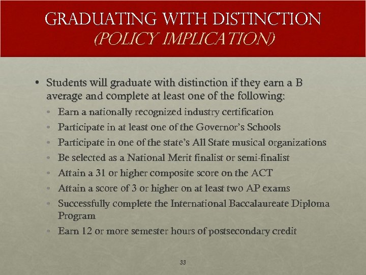Graduating with distinction (POLICY IMPLICATION) • Students will graduate with distinction if they earn