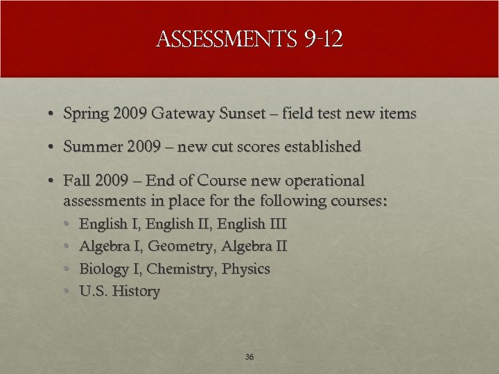 Assessments 9 -12 • Spring 2009 Gateway Sunset – field test new items •