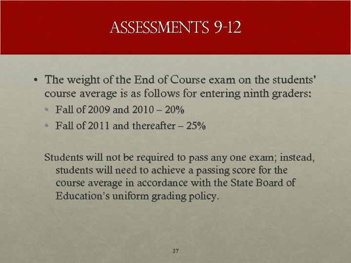 Assessments 9 -12 • The weight of the End of Course exam on the